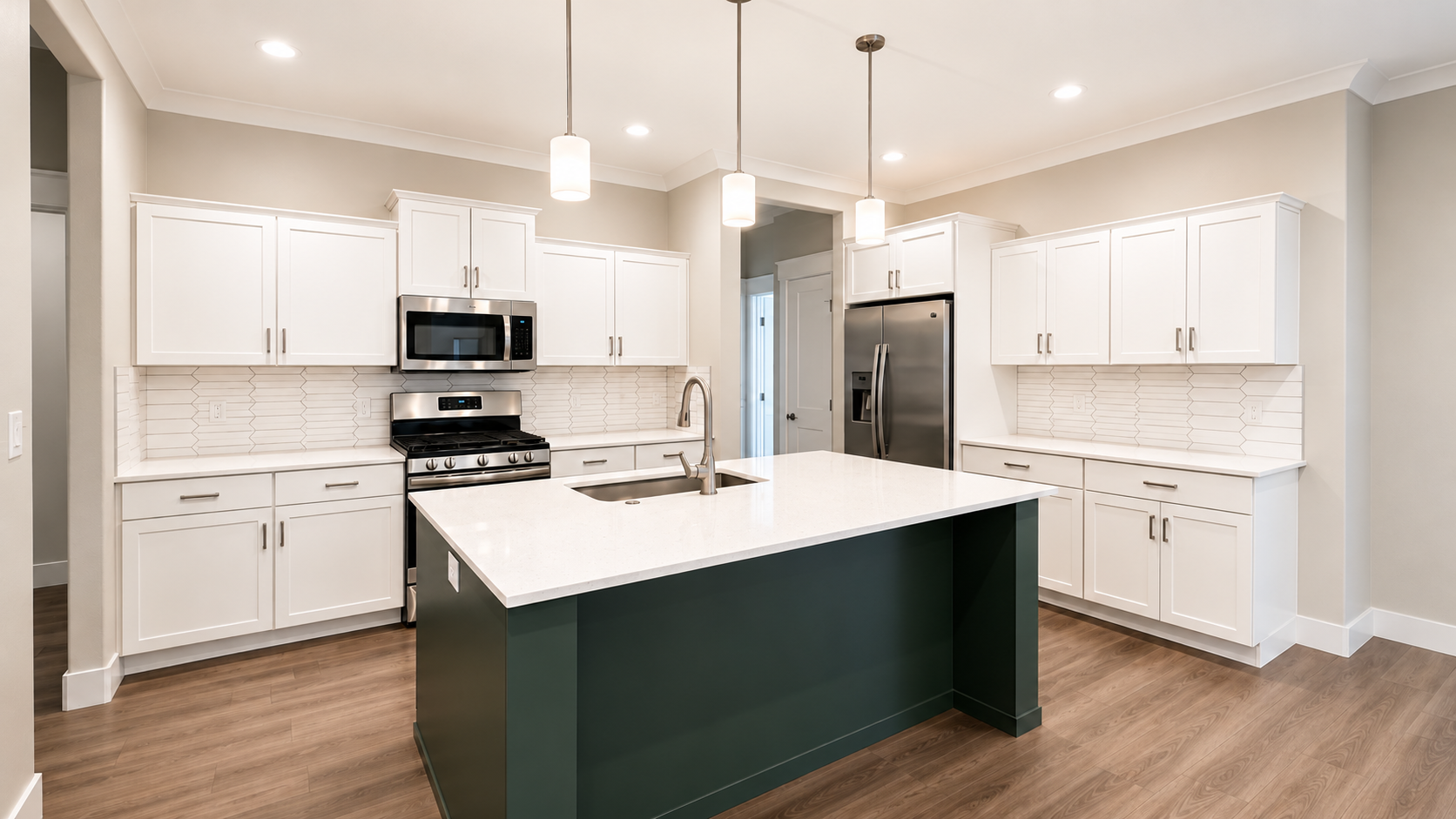 White kitchen with a green island in a Star rental home maintained by Genesis Pro Solutions